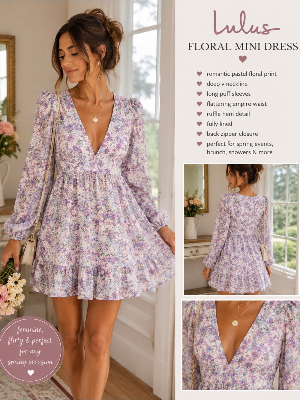 Lulus Floral Mini Dress Large NWT Cottagecore Puff Sleeve Romantic Spring Dress
